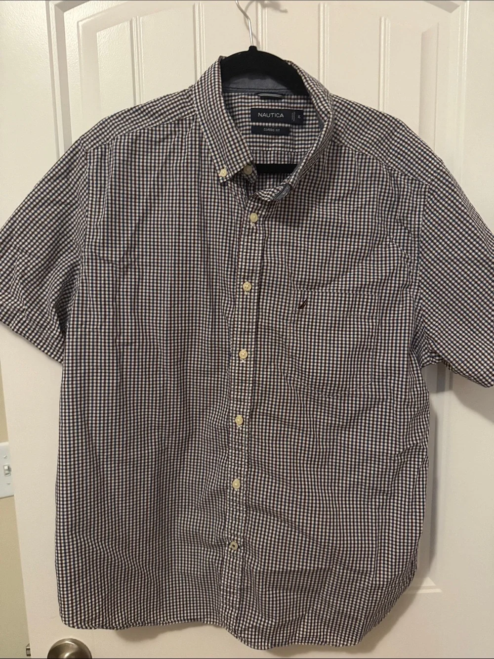 Nautica Short-Sleeve Navy, Burgundy and White Check Button-Down Shirt